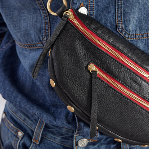 Hammitt Charles Crossbody Medium Black/Brushed Gold Red Zip
