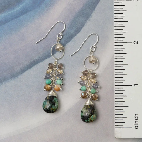 Anne Vaughan Mystic African Turquoise with Abalone, Czech Glass, Labradorite, and Turquoise Cluster Earrings