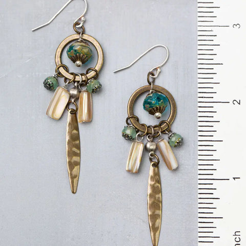 Anne Vaughan Venetian Dreams Antique Brass Hoop with Hammered Brass Long Spike Abalone Shell and Czech Glass Statement Earrings