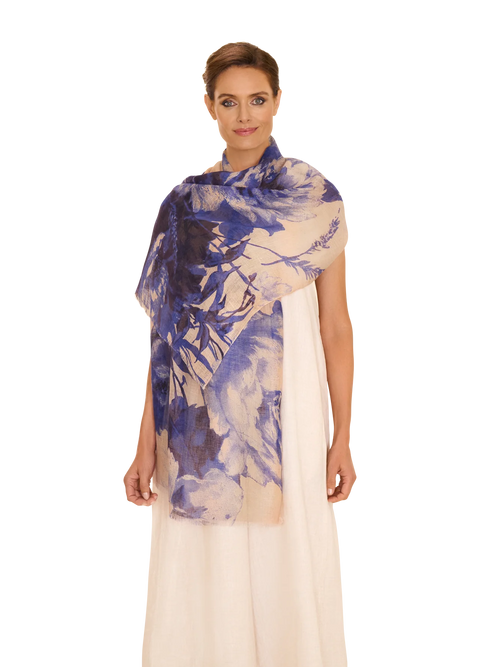 Powder Linen/Cotton Scarf - China Blue Blooms