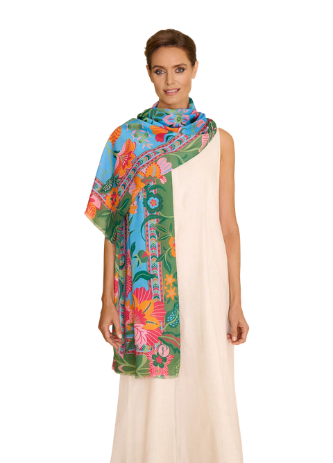 Powder Cotton Scarf - Folky Floral Cornflower Blue