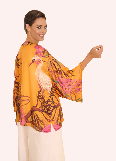 Powder Kimono Jacket - Oriental Crane Ochre Yellow