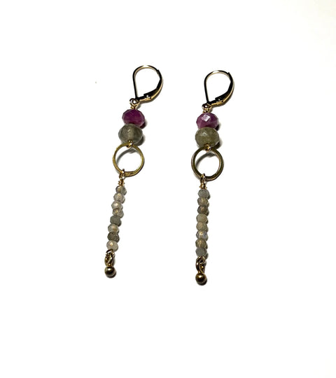 Riverstone Gold Labradorite and Ruby Earrings