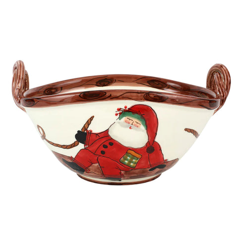Vietri Old St. Nick Large Handled Oval Bowl with Sleigh