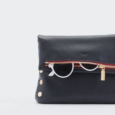 Hammitt VIP Medium Black Brushed Gold Red Zip Leather Crossbody Clutch