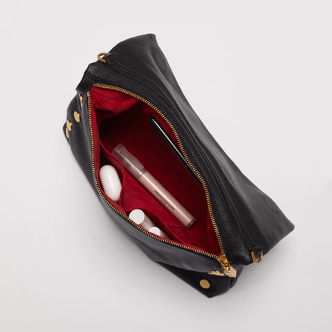 Hammitt VIP Large Black/Brushed Gold Red Zip Leather Crossbody Clutch