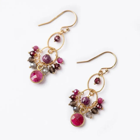 ANNE VAUGHAN DECADENCE GARNET, SMOKY QUARTZ WITH RUBY JADE CLUSTER EARRINGS