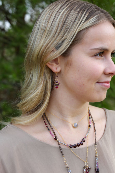 ANNE VAUGHAN DECADENCE GARNET, SMOKY QUARTZ WITH RUBY JADE CLUSTER EARRINGS