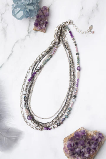 Anne Vaughan Reflections 17.5-19.5" Amethyst, Czech Glass, Pearl Multistrand Necklace