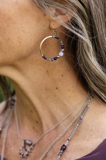 Anne Vaughan Reflections Blue Lace Agate, Amethyst, Crystal Hoop Earrings