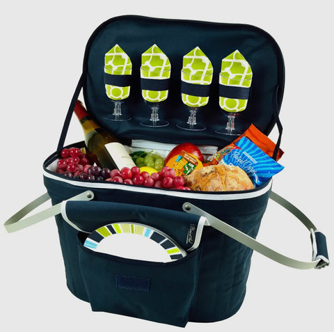 Picnic at Ascot Collapsible Insulated Picnic Basket Navy/Trellis Green
