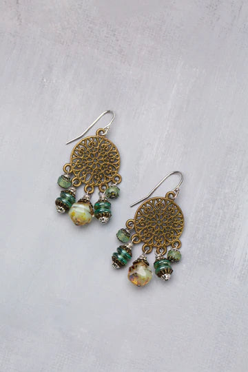 Anne Vaughan Venetian Dreams Antique Brass Floral Mandala With Czech Glass Dangles Statement Earrings