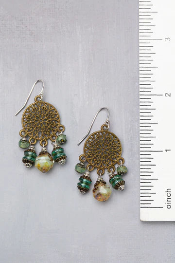 Anne Vaughan Venetian Dreams Antique Brass Floral Mandala With Czech Glass Dangles Statement Earrings