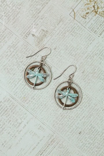 Anne Vaughan Wisdom Within Patina Antique Silver Dragonfly Hoop Earrings