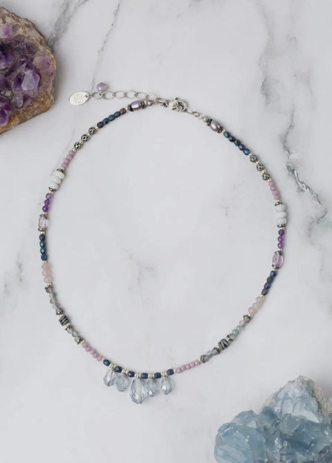 Anne Vaughan Reflections 15-17" Pearl, Czech Glass, Blue Lace Agate with Crystal Simple Necklace