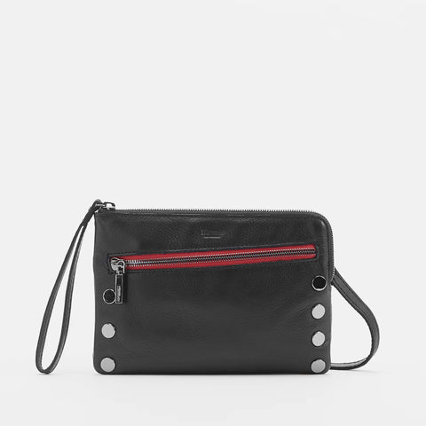Hammitt Nash Small Black Gun Metal Red Zip Leather Clutch/Wristlet