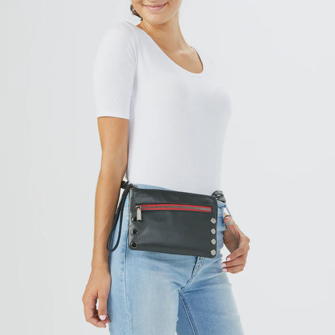 Hammitt Nash Small Black Gun Metal Red Zip Leather Clutch/Wristlet