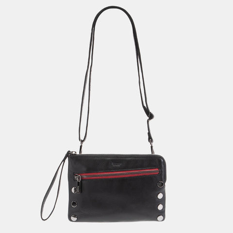 Hammitt Nash Small Black Gun Metal Red Zip Leather Clutch/Wristlet