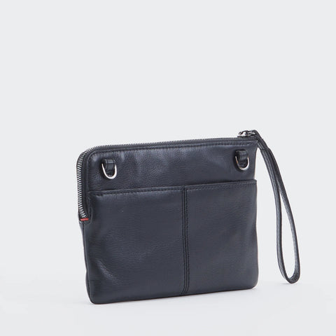 Hammitt Nash Small Black Gun Metal Red Zip Leather Clutch/Wristlet