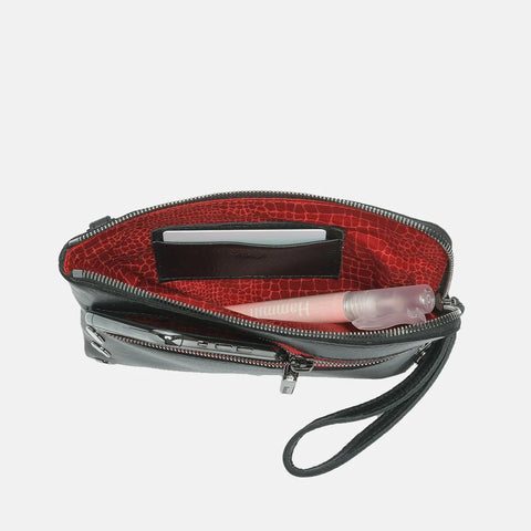 Hammitt Nash Small Black Gun Metal Red Zip Leather Clutch/Wristlet