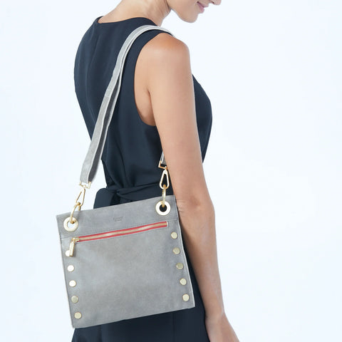 Hammitt Tony Medium Pewter/Brushed Gold Red Zip Leather Crossbody