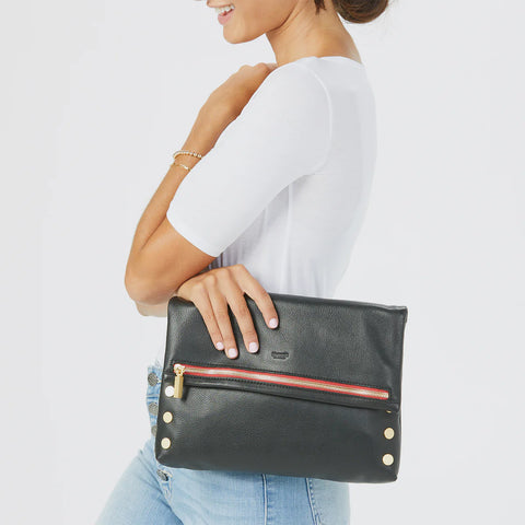 Hammitt VIP Large Black/Brushed Gold Red Zip Leather Crossbody Clutch