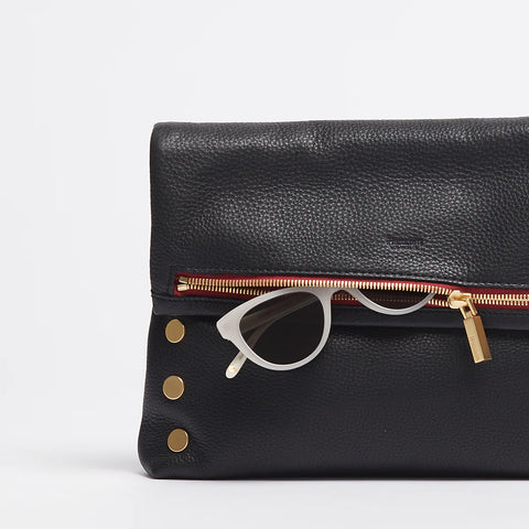 Hammitt VIP Large Black/Brushed Gold Red Zip Leather Crossbody Clutch