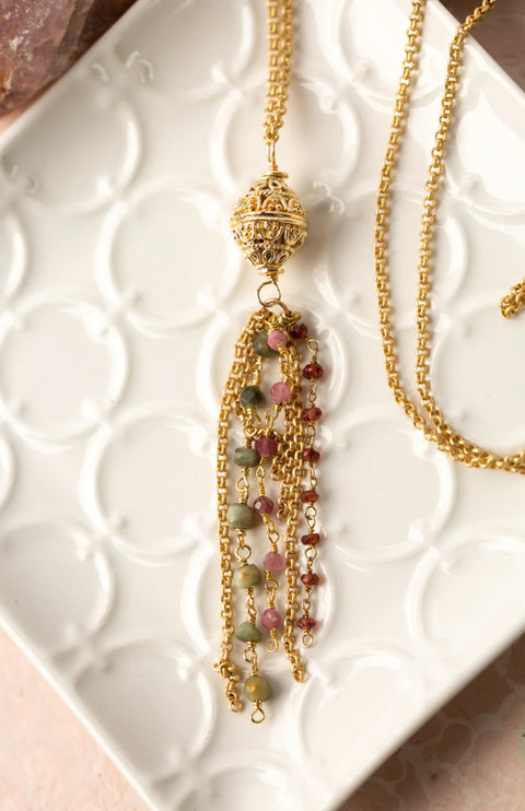 ANNE VAUGHAN TENDER 36.5” GREEN CAT’S EYE, GARNET, PINK TOURMALINE TASSEL NECKLACE