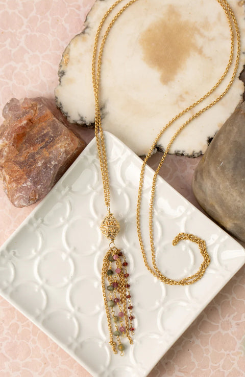 ANNE VAUGHAN TENDER 36.5” GREEN CAT’S EYE, GARNET, PINK TOURMALINE TASSEL NECKLACE
