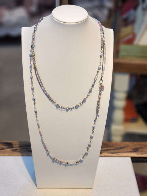 ANNE VAUGHAN SILVER SKY 54.25-56.25” BLUE LACE AGATE, AMETHYST, CHALCEDONY COLLAGE NECKLACE