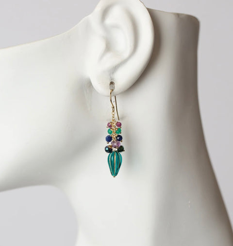ANNE VAUGHAN MASQUERADE GREEN ONYX, RUBY, LAPIS DANGLE EARRINGS