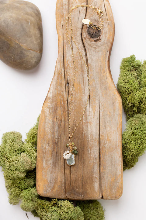 ANNE VAUGHAN PURITY 15-17" PREHNITE, MOONSTONE, TOURMALINE WITH GREEN MOSS AGATE CLUSTER NECKLACE