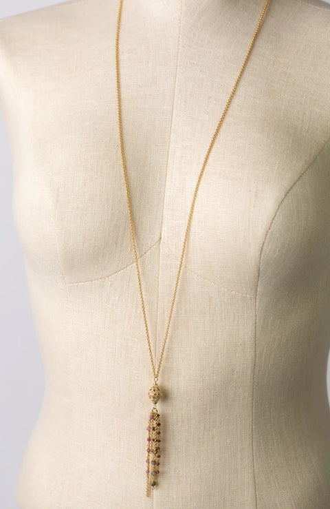 ANNE VAUGHAN TENDER 36.5” GREEN CAT’S EYE, GARNET, PINK TOURMALINE TASSEL NECKLACE
