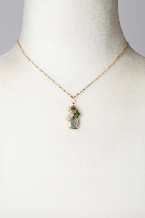 ANNE VAUGHAN PURITY 15-17" PREHNITE, MOONSTONE, TOURMALINE WITH GREEN MOSS AGATE CLUSTER NECKLACE
