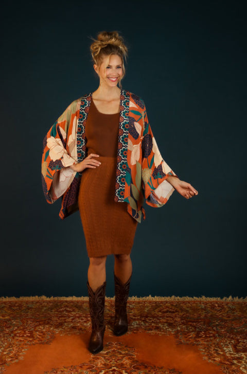 Powder Winter Terracotta Floral Kimono Jacket