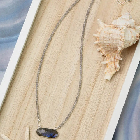 Anne Vaughan Mystic 15-17" Faceted Labradorite Silver Plated Oval Bezel Simple Necklace