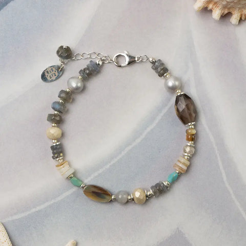 Anne Vaughan Mystic 7-8" Labradorite, Freshwater Pearl, Smokey Quartz Collage Bracelet
