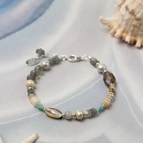 Anne Vaughan Mystic 7-8" Labradorite, Freshwater Pearl, Smokey Quartz Collage Bracelet