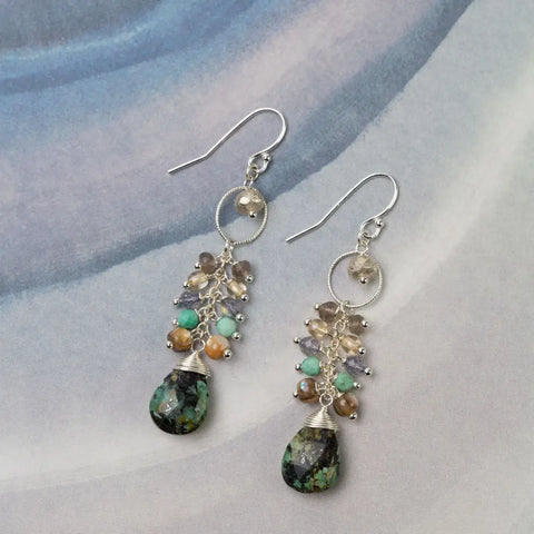 Anne Vaughan Mystic African Turquoise with Abalone, Czech Glass, Labradorite, and Turquoise Cluster Earrings