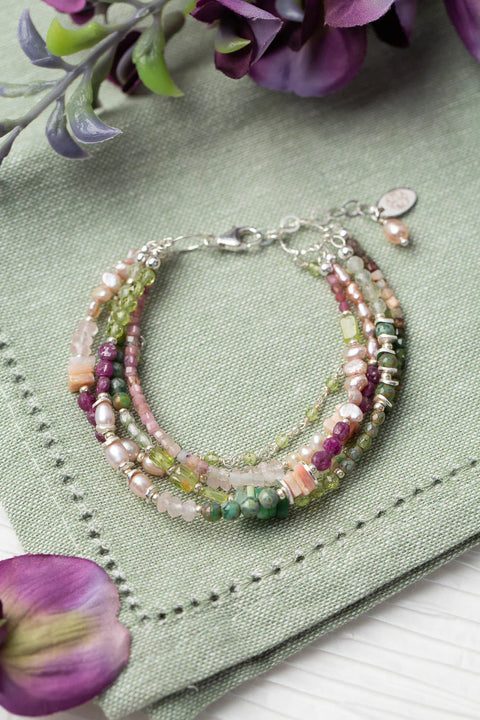 ANNE VAUGHAN ORCHID 7.5-8.5" PEARL, PERIDOT, RUBY WITH TOURMALINE MULTISTRAND BRACELET