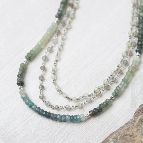 Anne Vaughan Resilience 21.5-23.5" Green Moss Aquamarine, Labradorite, Prehnite Multistrand Necklace