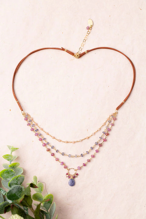 ANNE VAUGHAN BLOSSOM 18-20" RUBY, MOONSTONE WITH TANZANITE MULTISTRAND NECKLACE