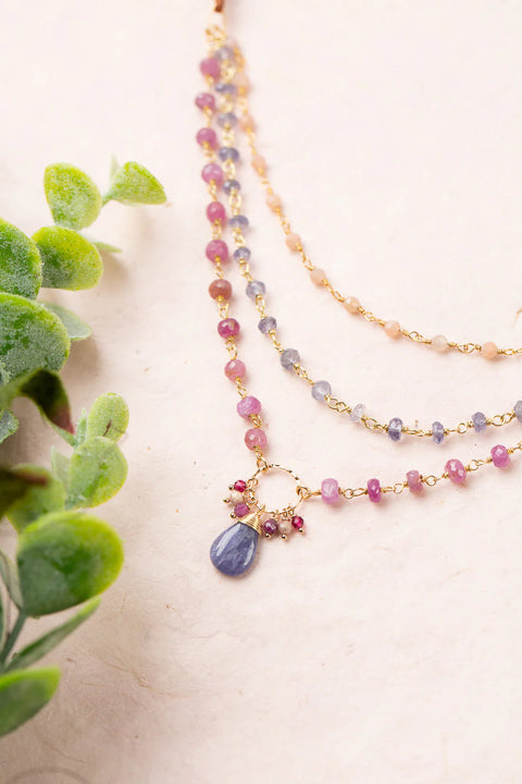 ANNE VAUGHAN BLOSSOM 18-20" RUBY, MOONSTONE WITH TANZANITE MULTISTRAND NECKLACE