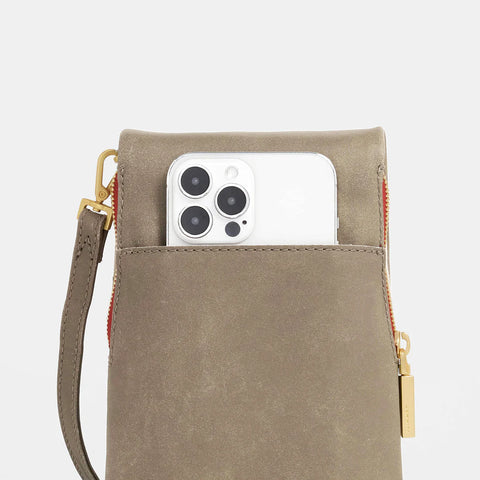 Hammitt VIP Mobile Pewter/Brushed Gold Red Zip Small Leather Crossbody