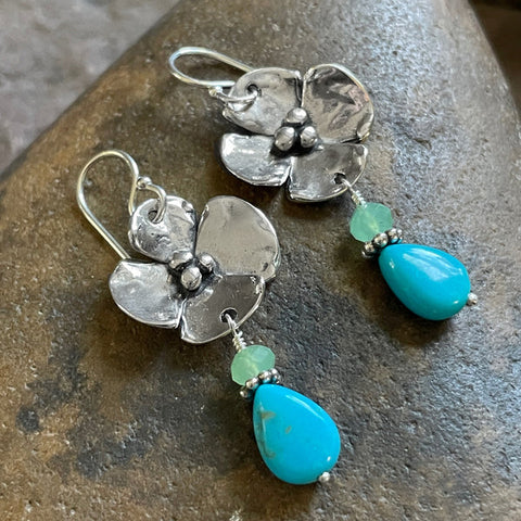 Sherry Tinsman Dogwood Flower Earrings with Turquoise and Chrysoprase Drop
