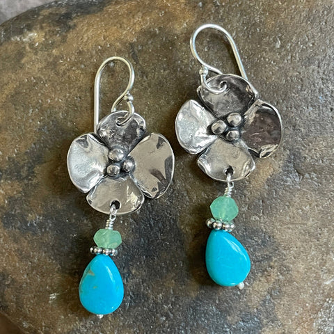 Sherry Tinsman Dogwood Flower Earrings with Turquoise and Chrysoprase Drop