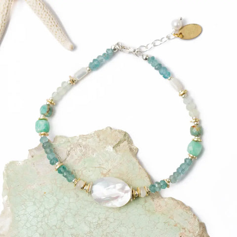 Anne Vaughan Serenity 7.5-8.5" Blue Apatite, Amazonite, Prehnite With Faceted Mother Of Pearl Collage Bracelet