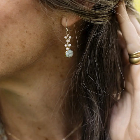 Anne Vaughan Serenity Freshwater Pearl with Faceted Blue Opal Cluster Earrings