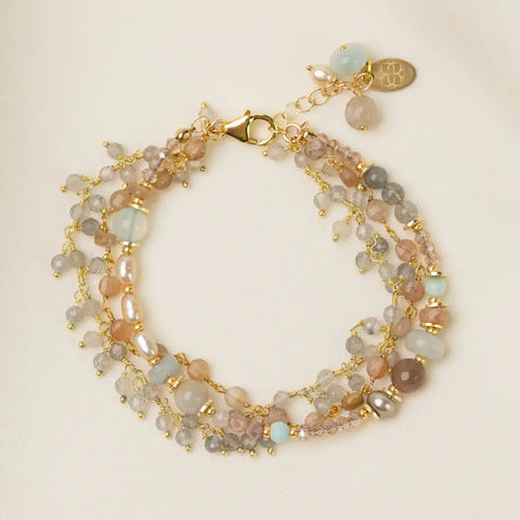 Anne Vaughan Solace 7-8" Moonstone, Aquamarine, Freshwater Pearl Multistrand Bracelet