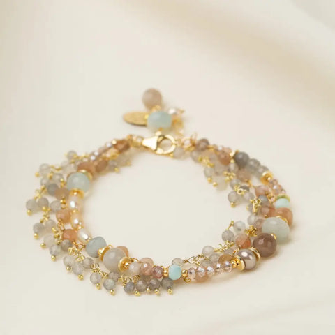 Anne Vaughan Solace 7-8" Moonstone, Aquamarine, Freshwater Pearl Multistrand Bracelet